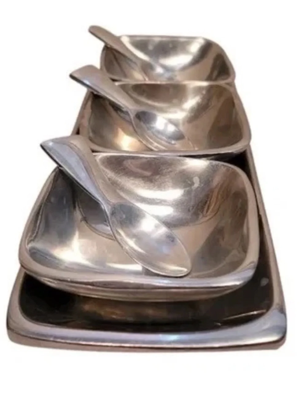 POTTERY BARN Barona Silver 7 Piece Aluminum Silver Condiment Service Set Platter